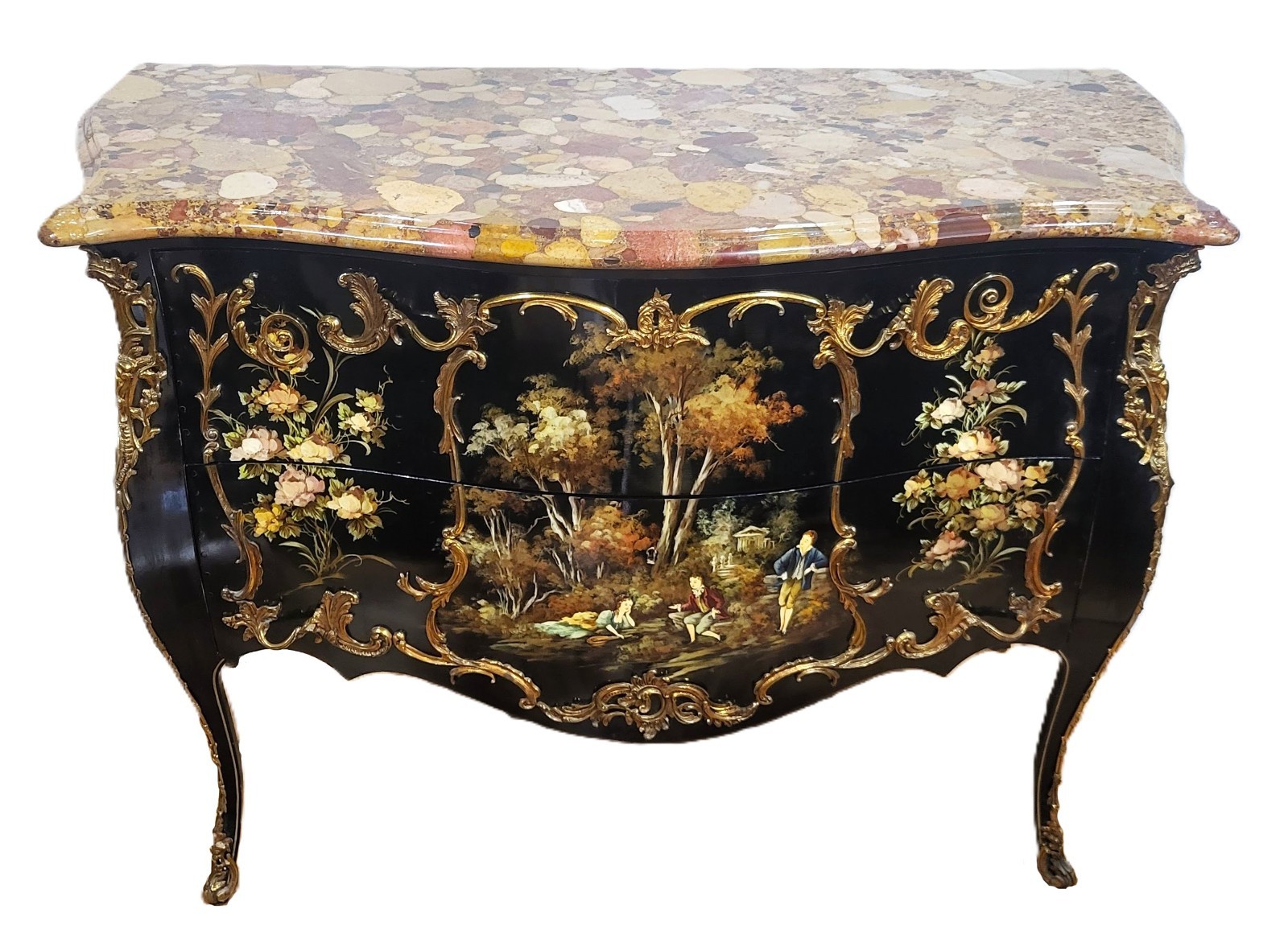 Vintage FRENCH Louis XV Style Painted BLACK LACQUERED Marble Top Bronze COMMODE