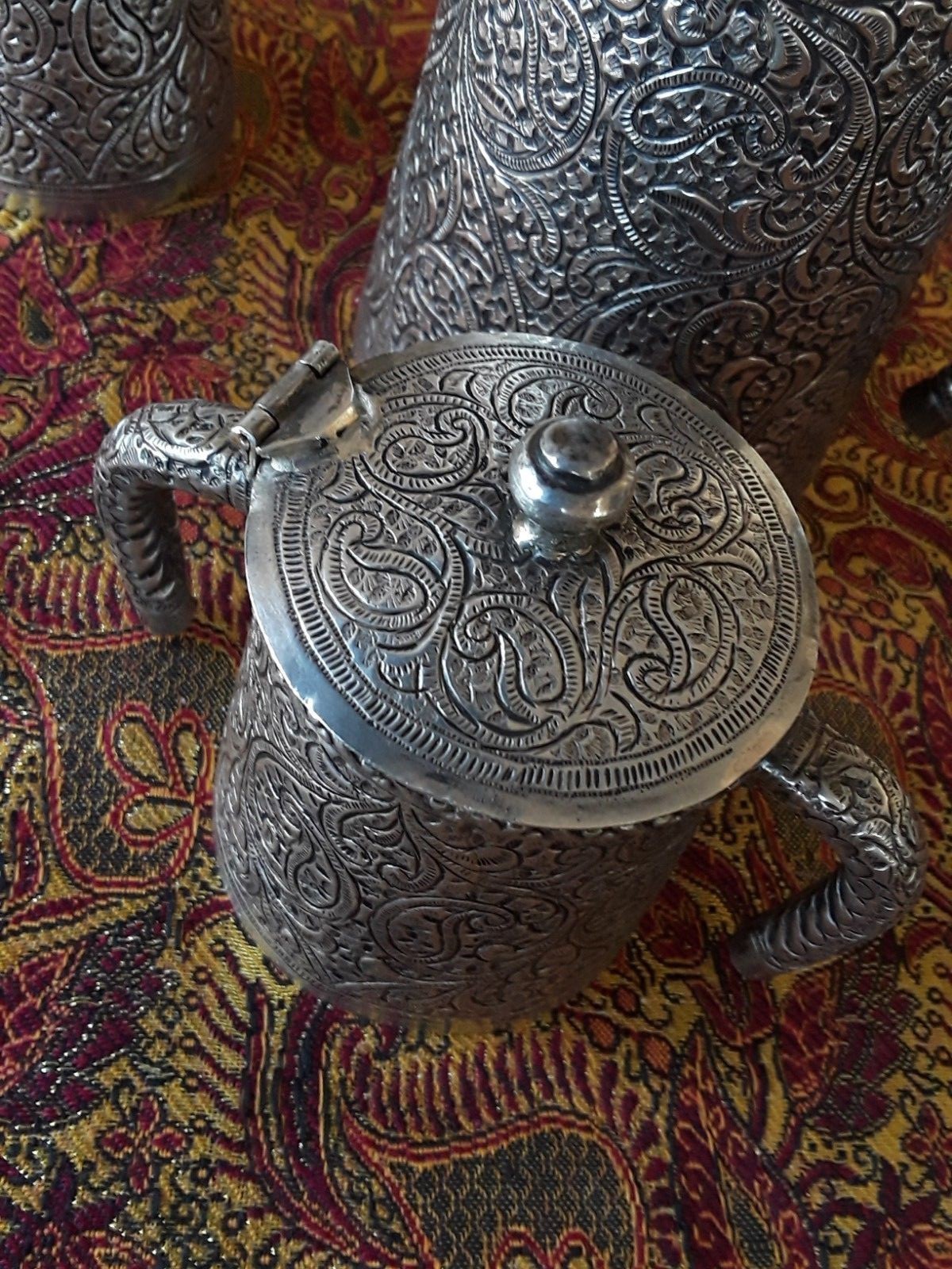 EXCEPTIONAL ANTIQUE HAND CHASED SOLID SILVER KASHMIR INDIA TEA SET PAISLEY DSGN