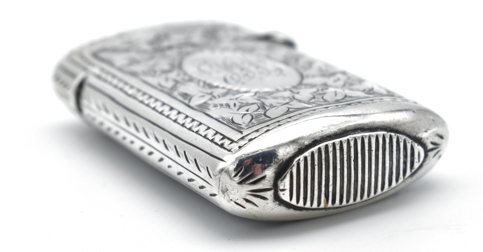 Antique Victorian Solid Sterling Silver Vesta Case Match Safe 1885 Ivy Leaf