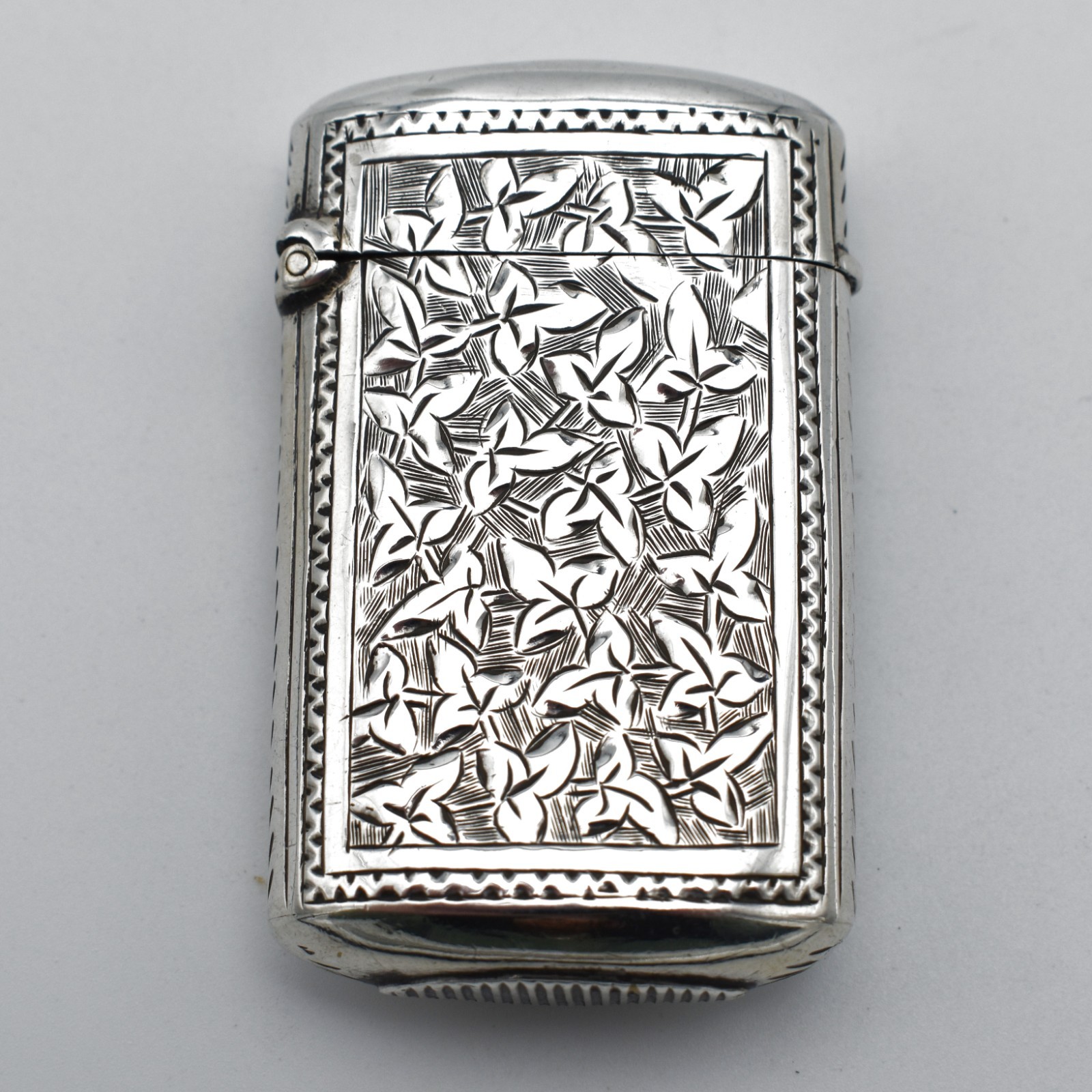 Antique Victorian Solid Sterling Silver Vesta Case Match Safe 1885 Ivy Leaf