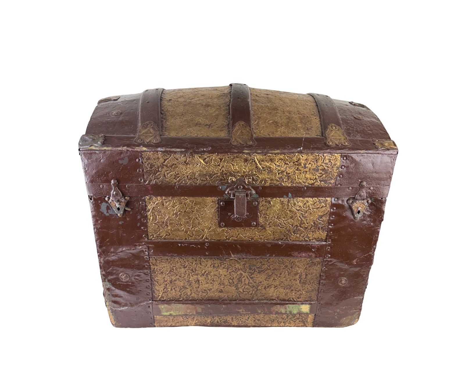 Antique Humpback Dome Top Steamer Trunk 24 x 21 x 16″ w/ Embossed Metal