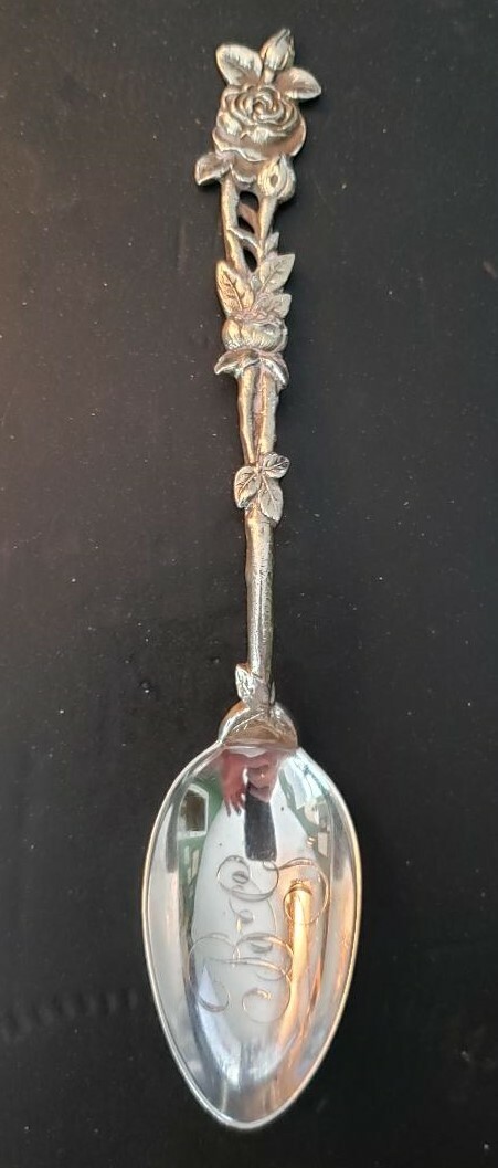 GORHAM Sterling Silver Cast Rose Teaspoon Pierced 5 7/8″ B & G Mono in Bowl