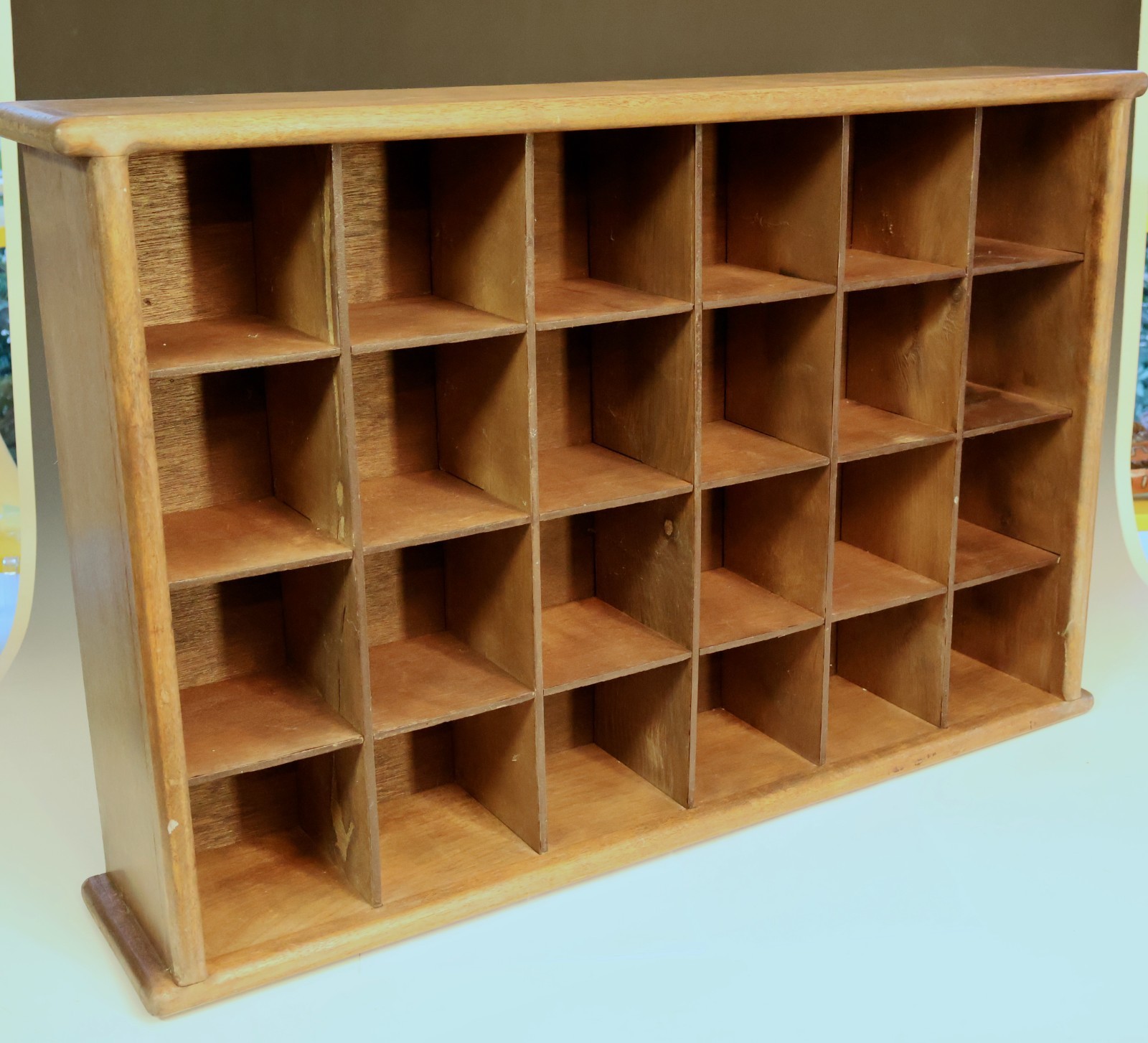 Vintage Wooden Cubby Shelf Cabinet Keepsake Mid Century 24 Slots Large 20x31x6″