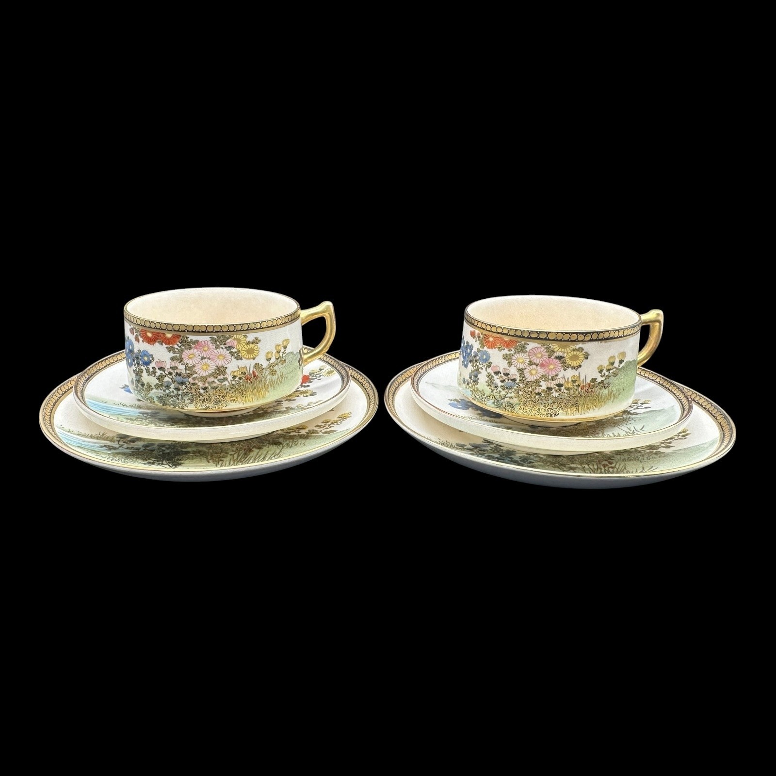 ** JAPANESE SATSUMA ** HAND PAINTED TEA TRIOS x2 CUP SAUCER SIDE PLATE NIKKO B