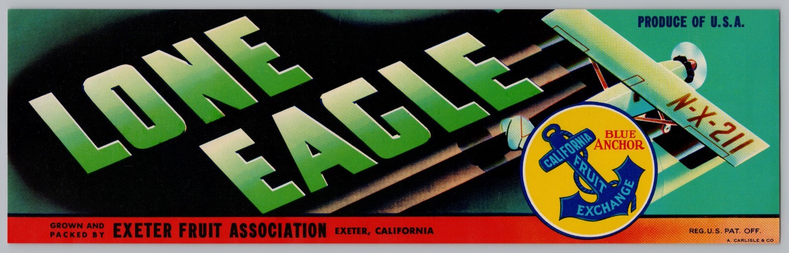 Lone Eagle Exeter, N-X-211 Aircraft, Vintage Mid Century Fruit Crate Label A1d