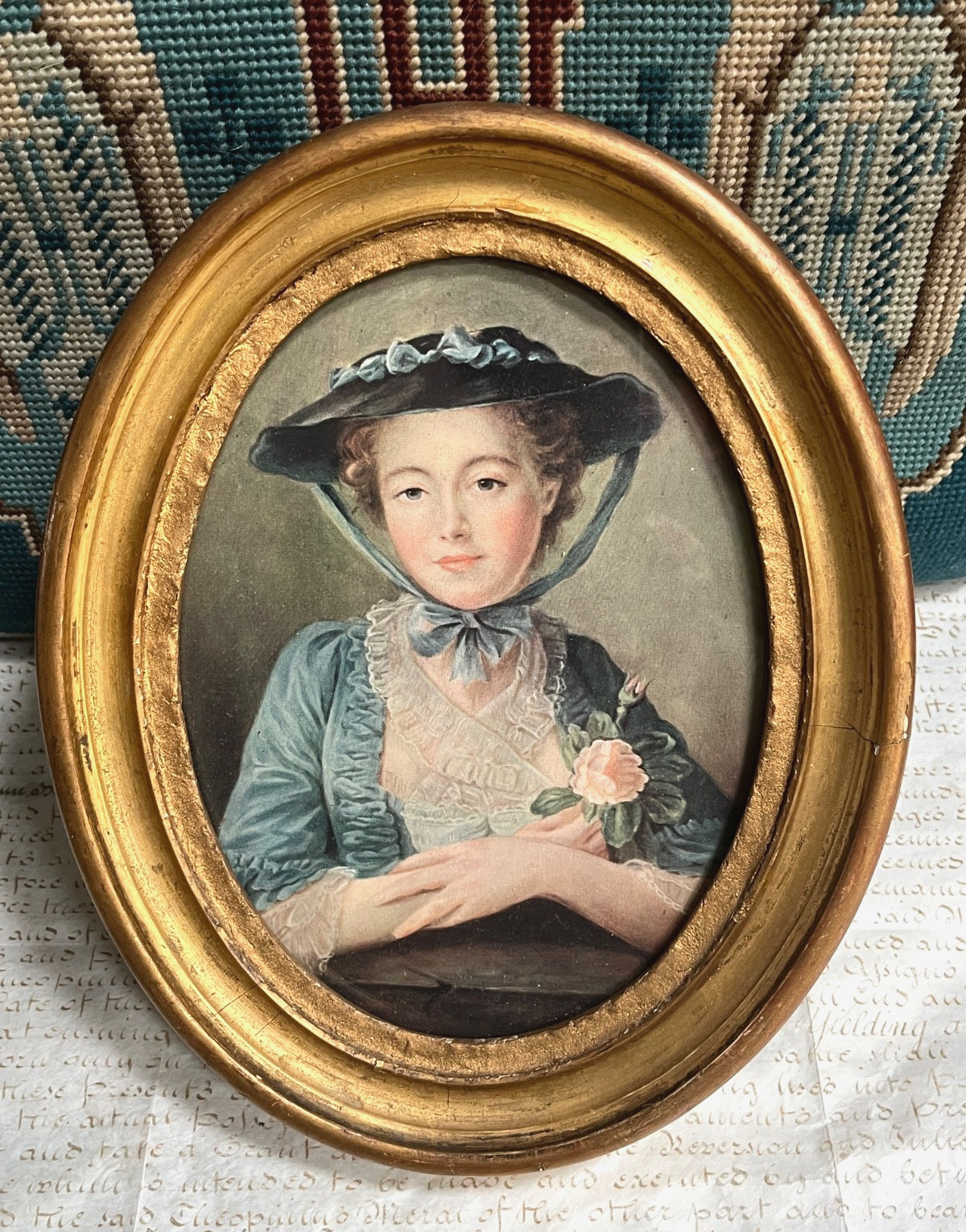 ANTIQUE 19th C. AGED OVAL GILT WOOD FRAME PICTURE FRAME WOODEN EASEL BACK STAND