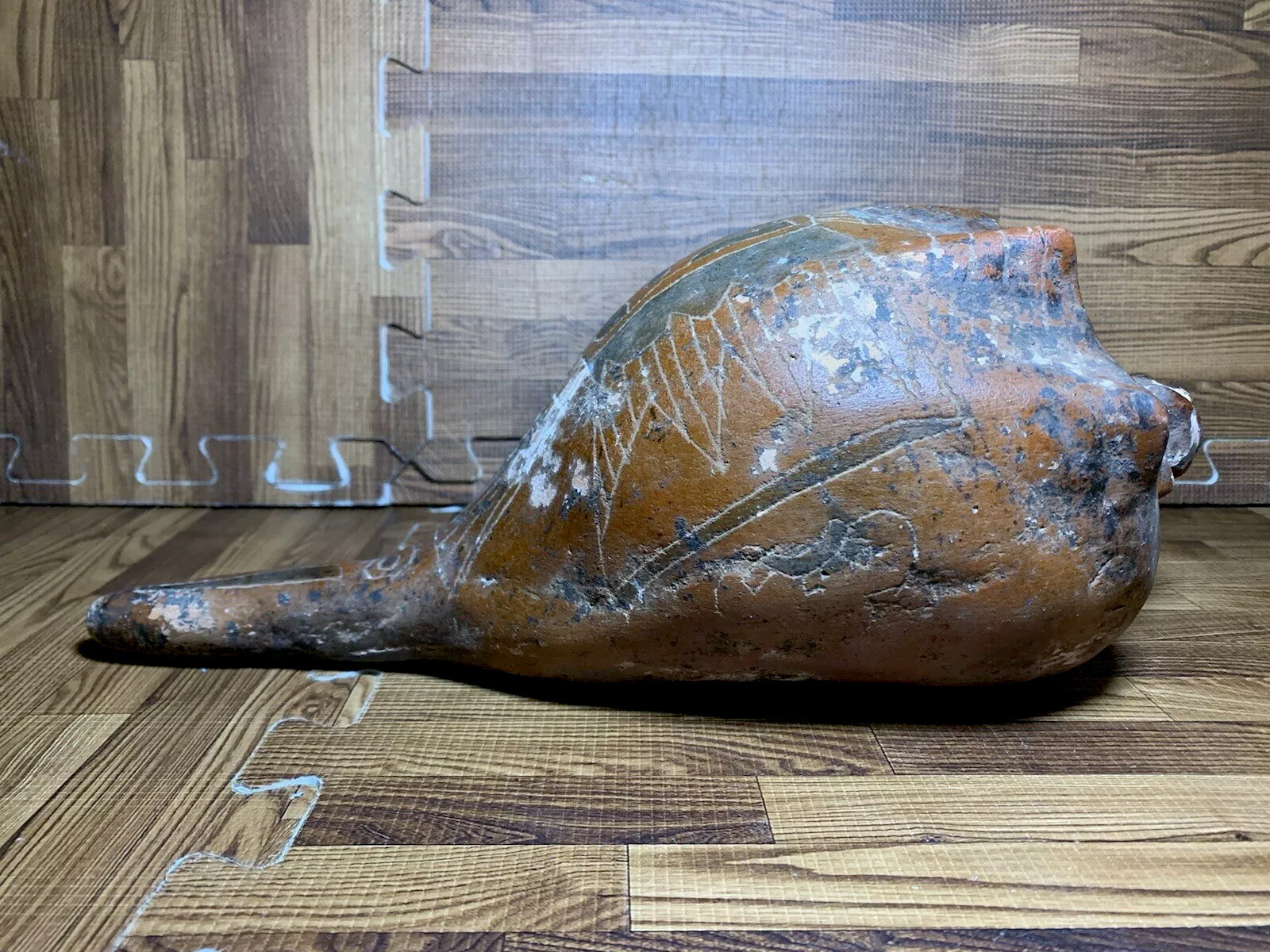 Large Pre Columbian Pottery Conch Shell Incised Trumpet 14” Long
