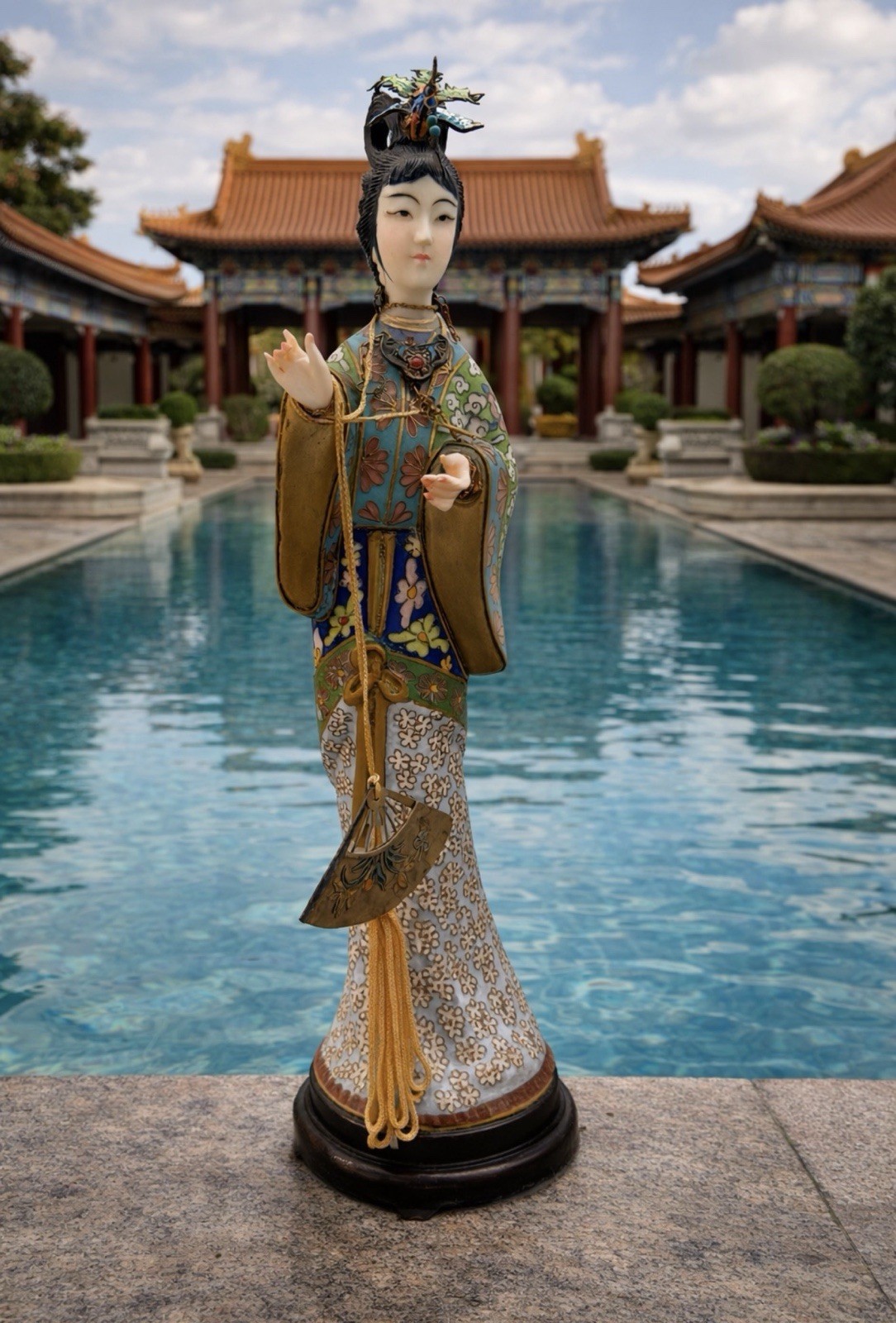 VINTAGE CHINESE CLOISONNE ENAMEL CARVED YANG GUIFEI FEMALE SCULPTURE FIGURINE11”