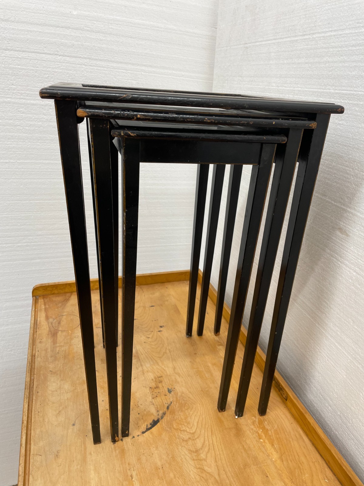 Black Paint decorated Nesting Tables set of 3 Glass Tops solid wood tables