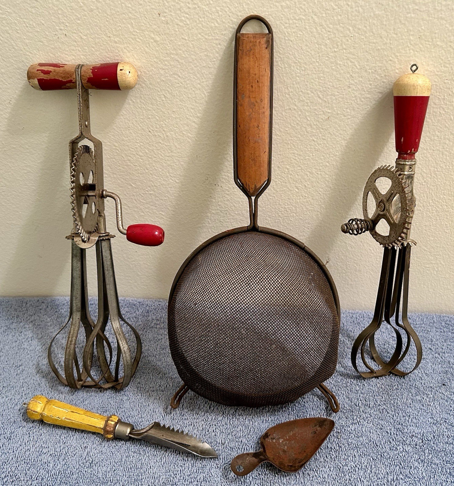 #17 Red & Yellow Handled 1950’s MCM, Kitchen Gadgets, Primitive Country Decor