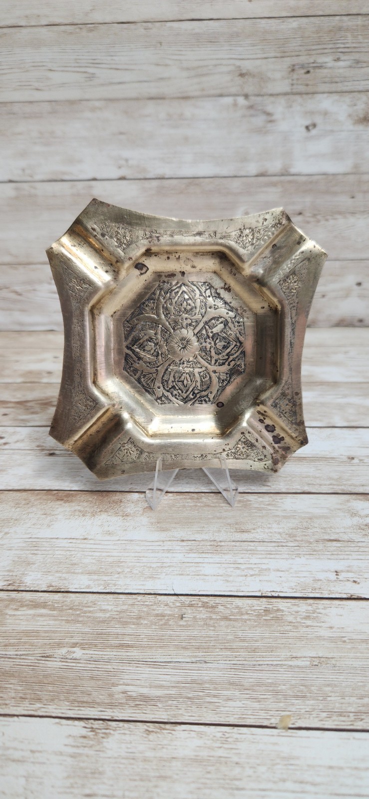 Antique Vintage Handcrafted & Engraved 6 1/2″ Brass Ashtray-Middle East-Turkey