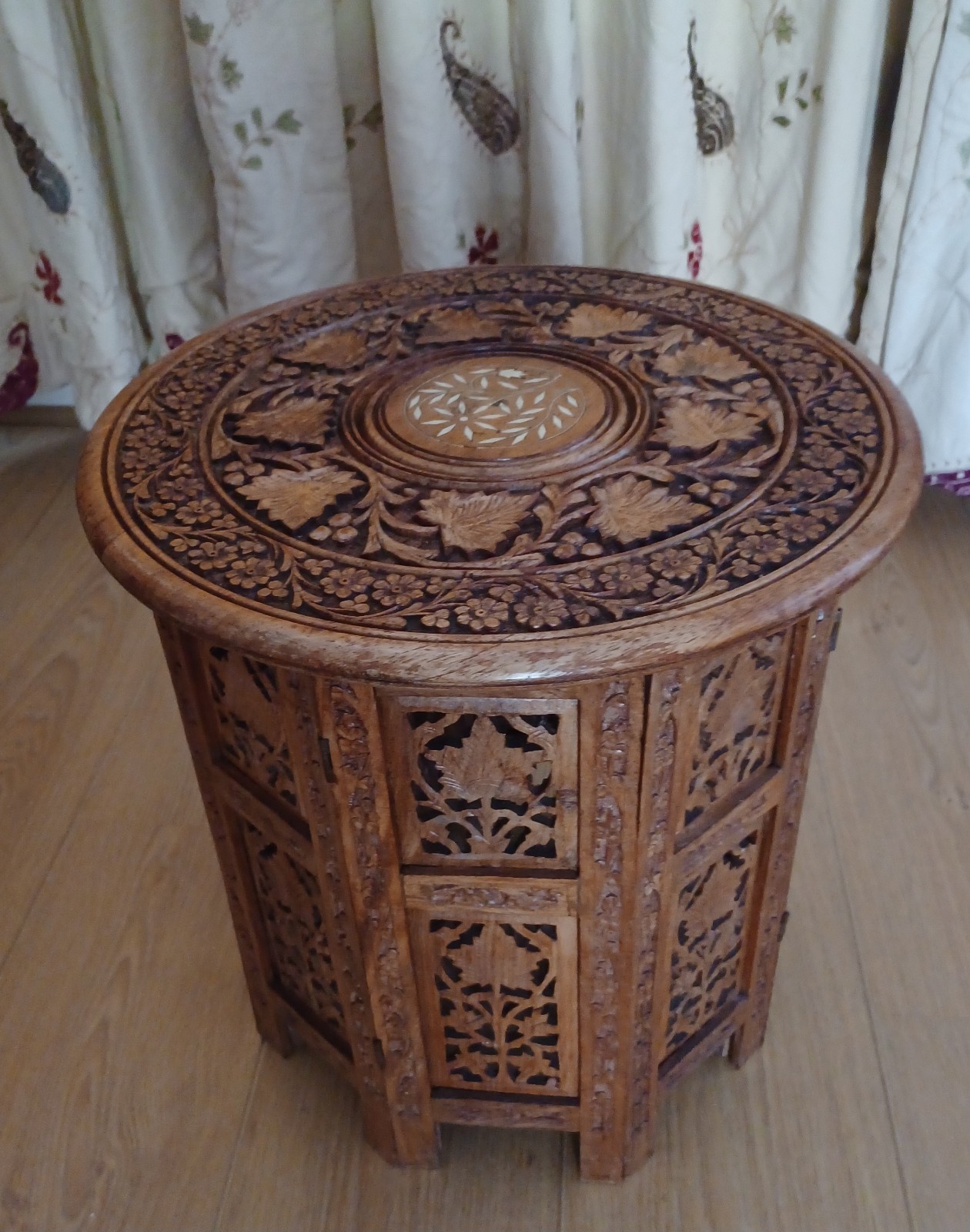 Vintage Carved Indian Coffee Table Hexagonal shaped 16″ tall approx