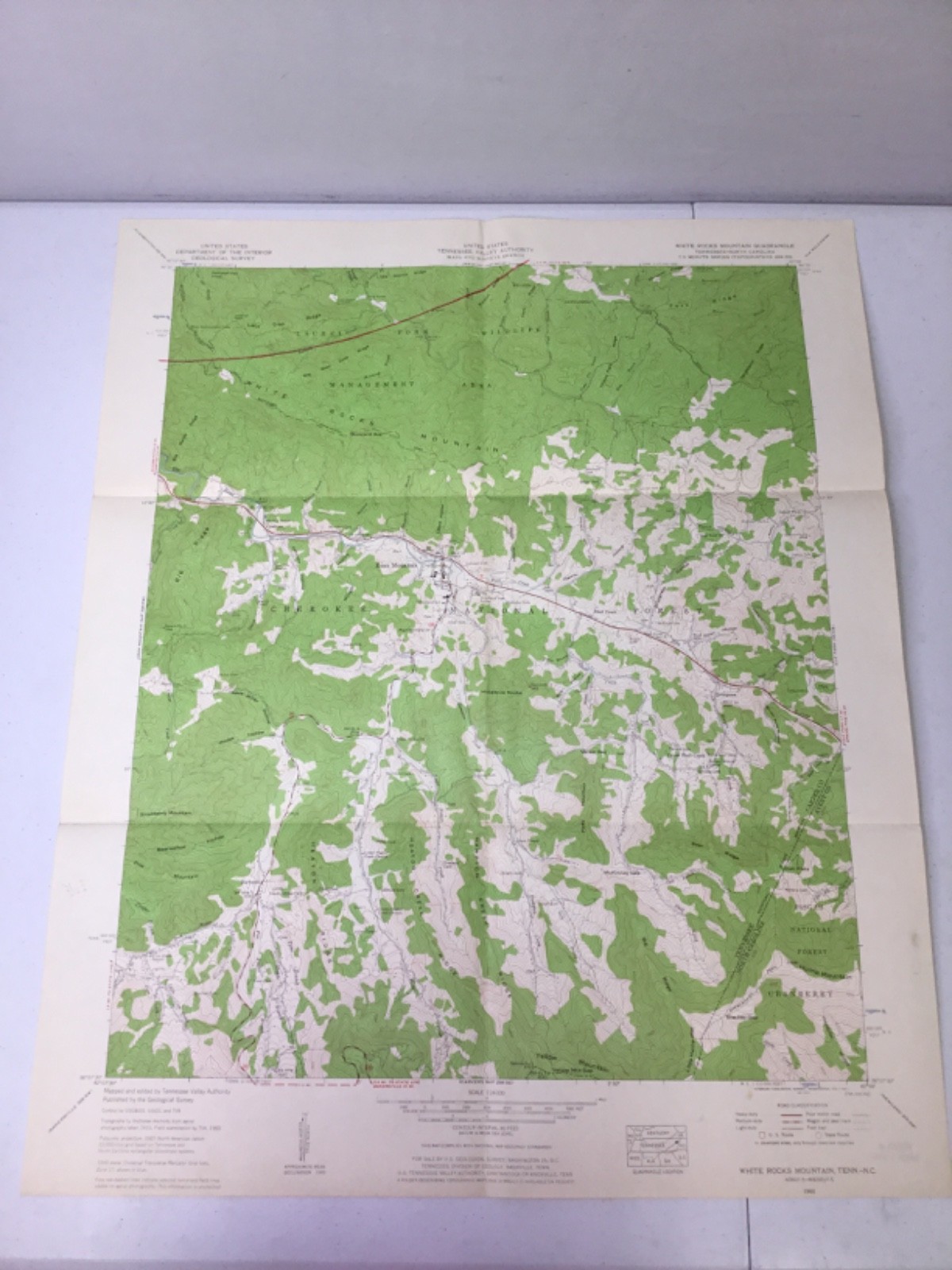 Vintage TVA Topographic Map. 1960 White Rocks Mountain TN-NC, 22″x27″