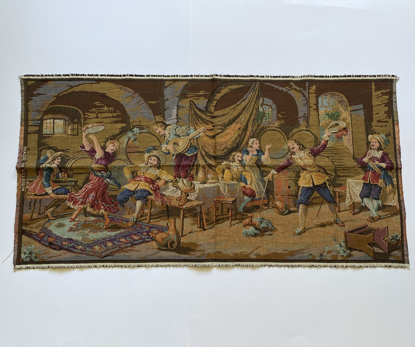 Antique 1920s Belgium Tapestry Tavern Scene 39”X 19”~Gorgeous~