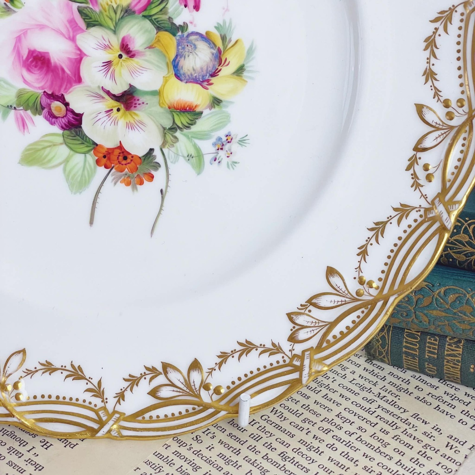 Antique Coalport John Rose dessert plate, handpainted summer flowers, c1847