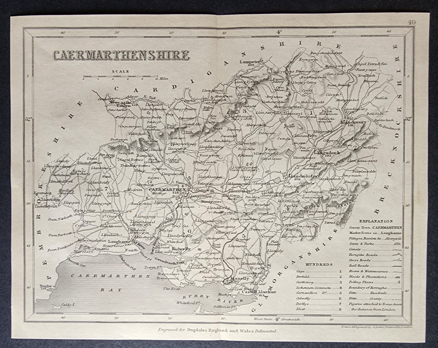 Antique c. 1850 county map – Carmarthenshire – Wales – Joshua Archer