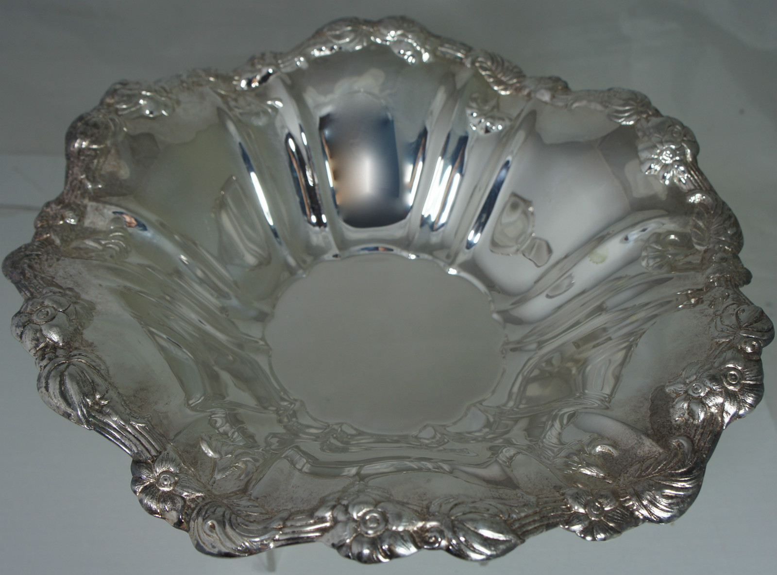 VINTAGE SILVER PLATE BOWL EMBOSSED ORNATE FLOWERS WAVY RIMS BEAUTIFUL “K&M”