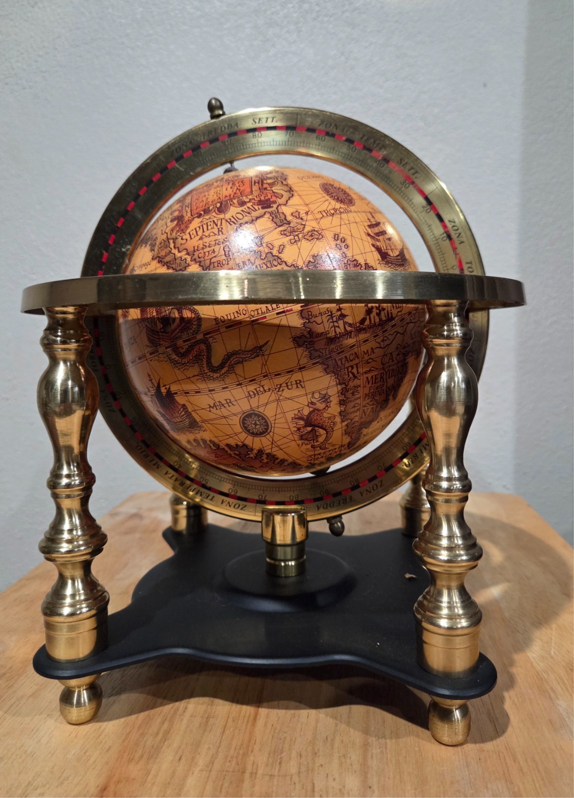Vintage Old World Zodiac Astrology Brass Desktop Globe w/ Stand