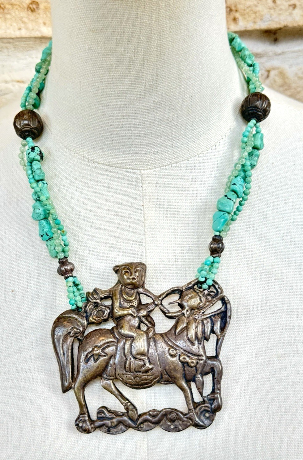 Vintage Chinese Boy on Kylin Mythical Beast Pendant Necklace Silver Tone Asian