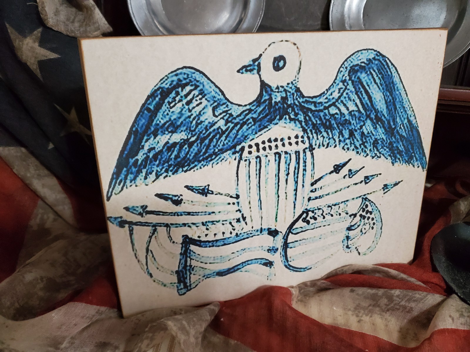 OLD VINTAGE PRIMITIVE COLONIAL STYLE PATRIOTIC STONEWARE CROCK BLUE EAGLE SIGN