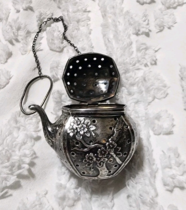 Antique R Blackinton Sterling Silver Teapot Tea Ball Infuser Cherry Blossom 26g