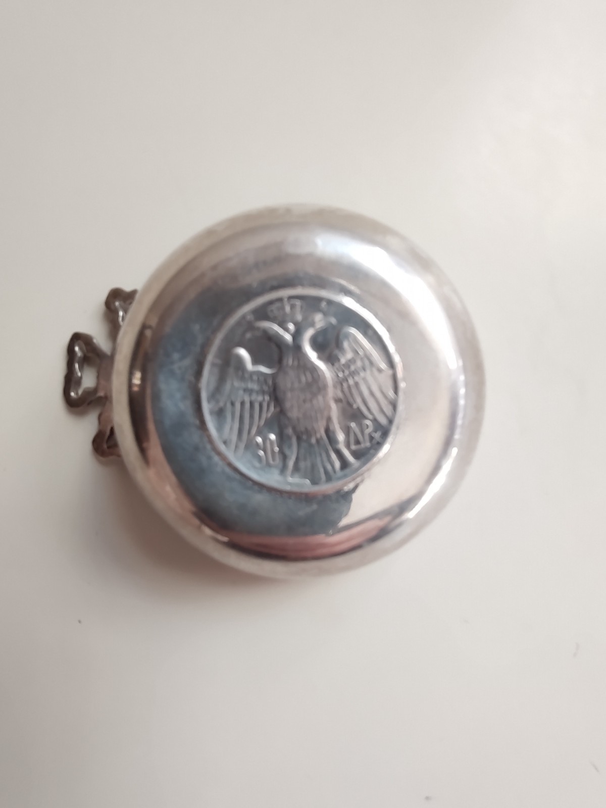 Vintage 900 Mark Silver Wine Taster Cup with 1964 30 Drachmai Greek Royal Coin