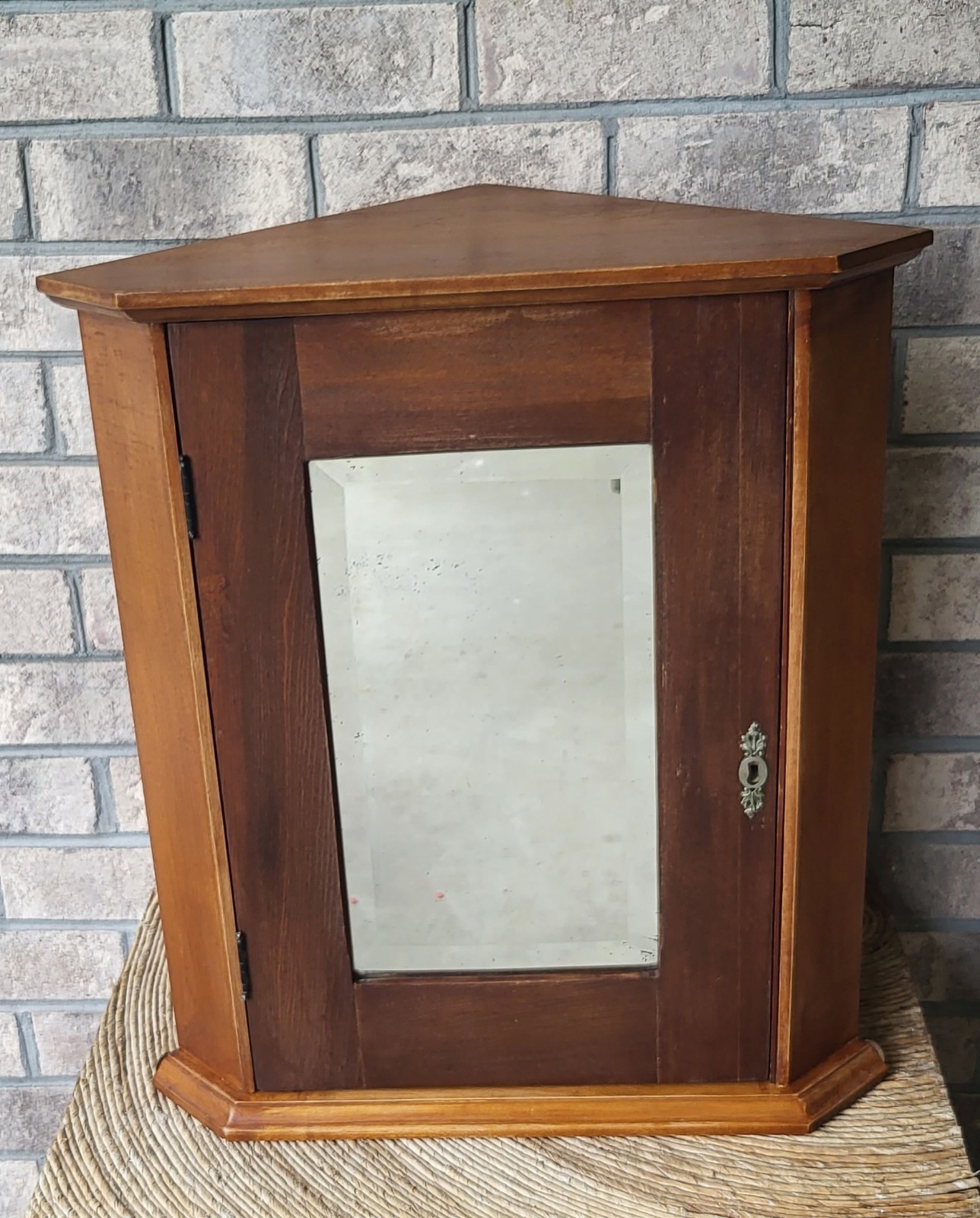 Vintage hanging corner cabinet Solid Wood Mahogany beveled mirror door Art Deco