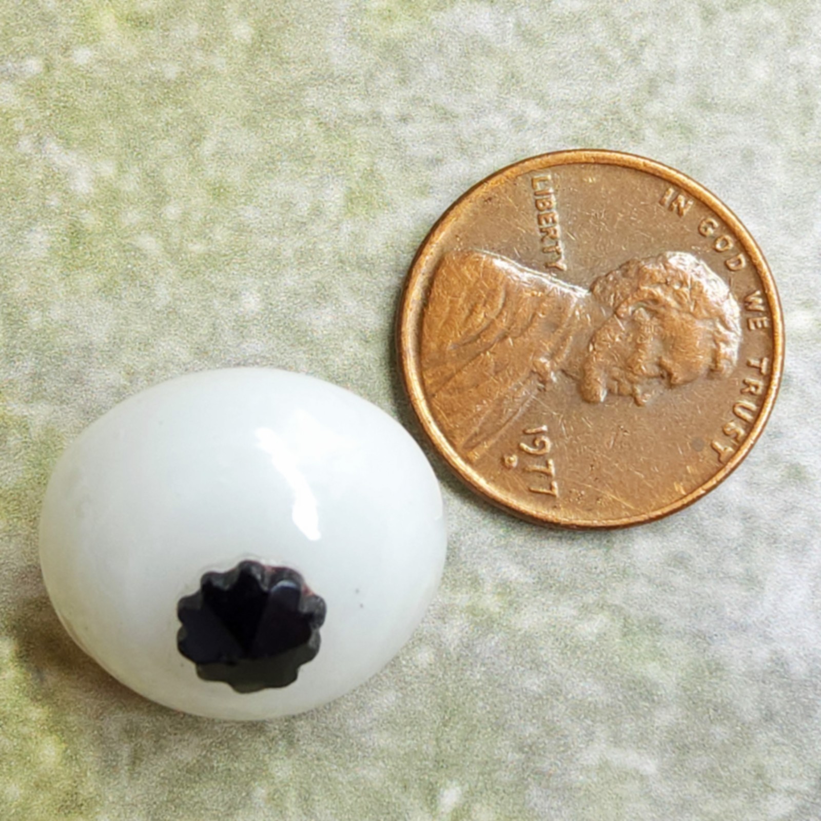 Antique Swirlback Charmstring Button ~ Milk Glass w/ Faceted Black Glass Coronet