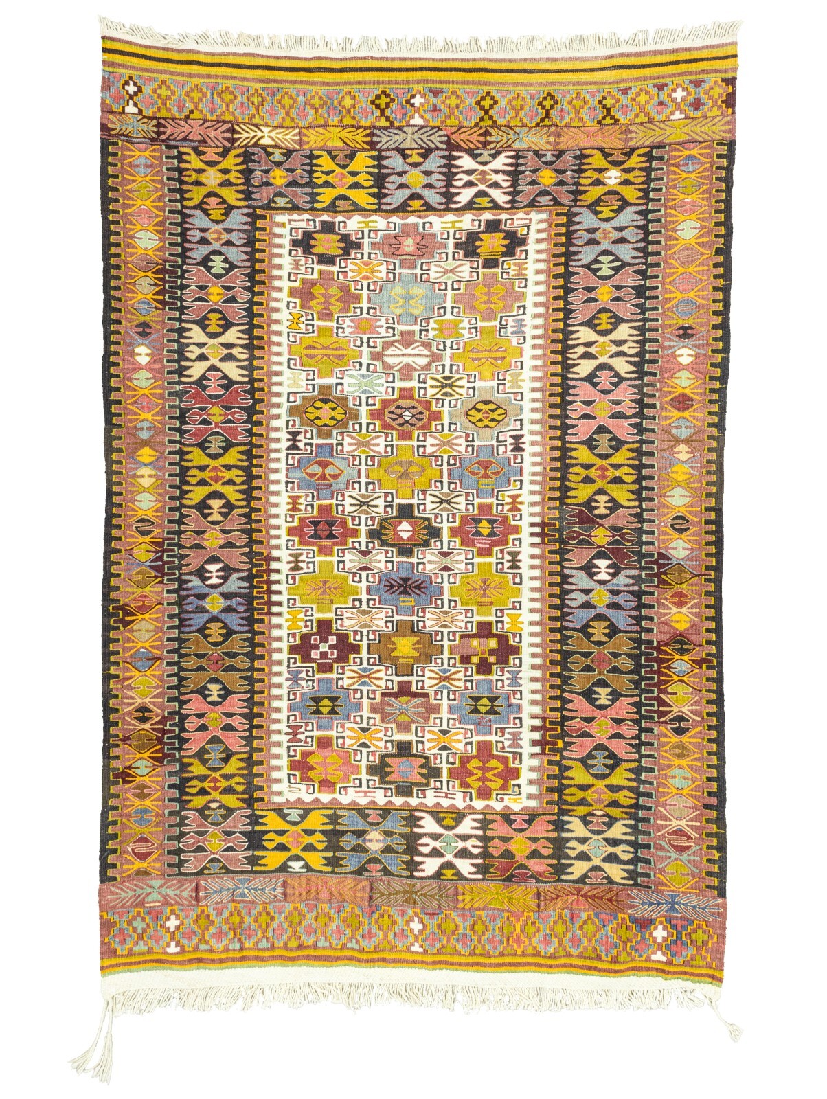 Unique Turkish Tribal Kilim Rug – Hand Woven Colorful Wool Kelim – 4.11×7.3 ft