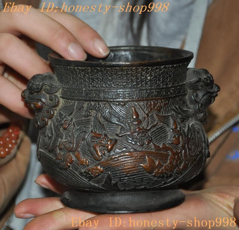 4.8″ Marked China dynasty bronze dragon Lion’s head statue Incense burner censer