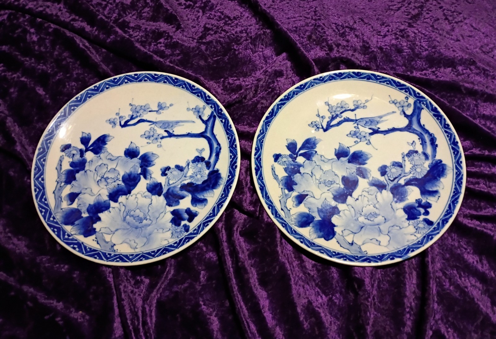 2 Old Imari Blue White Porcelain Wall Plate Bird Flower Arita Ware 1 Cracked