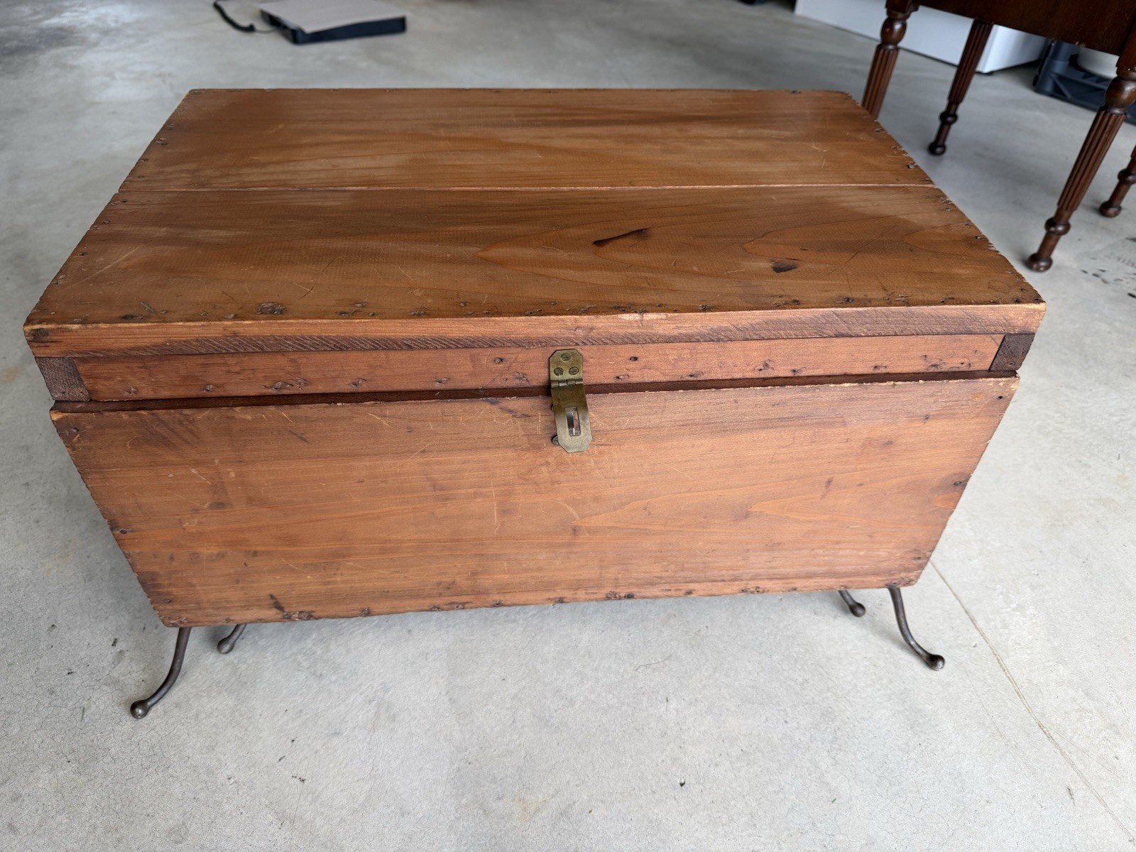 Vintage Handmade Wooden Chest Trunk With Slender Metal Legs