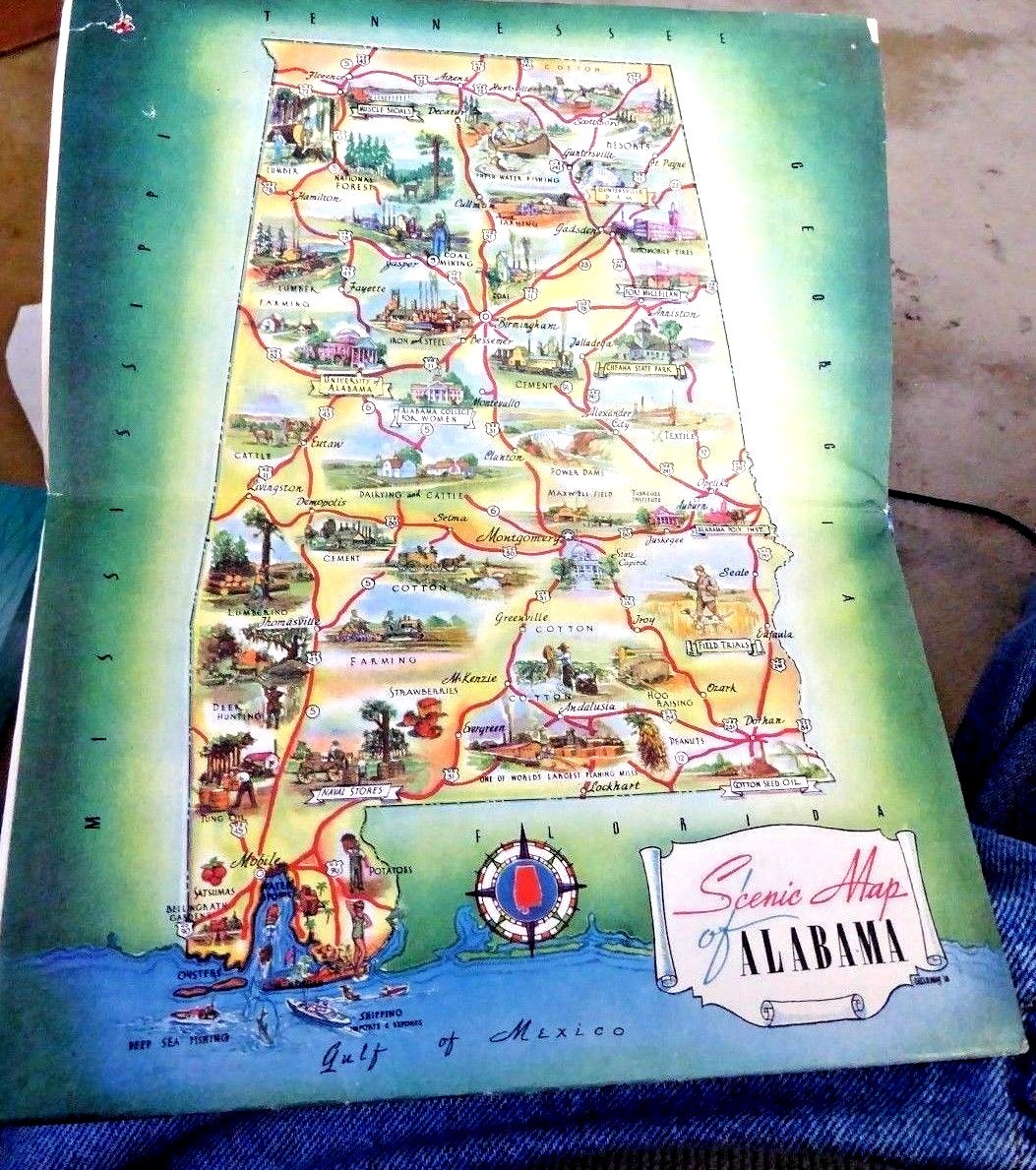 VINTAGE LOVELY HIGHWAY MAP ALABAMA W/SMALL CARTOON MAP 1939