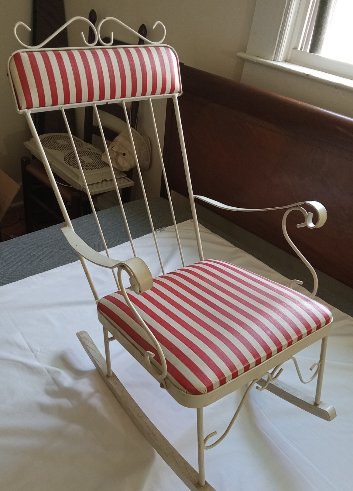 Vintage Children Metal Rocking Chair with Red Striped Cushions