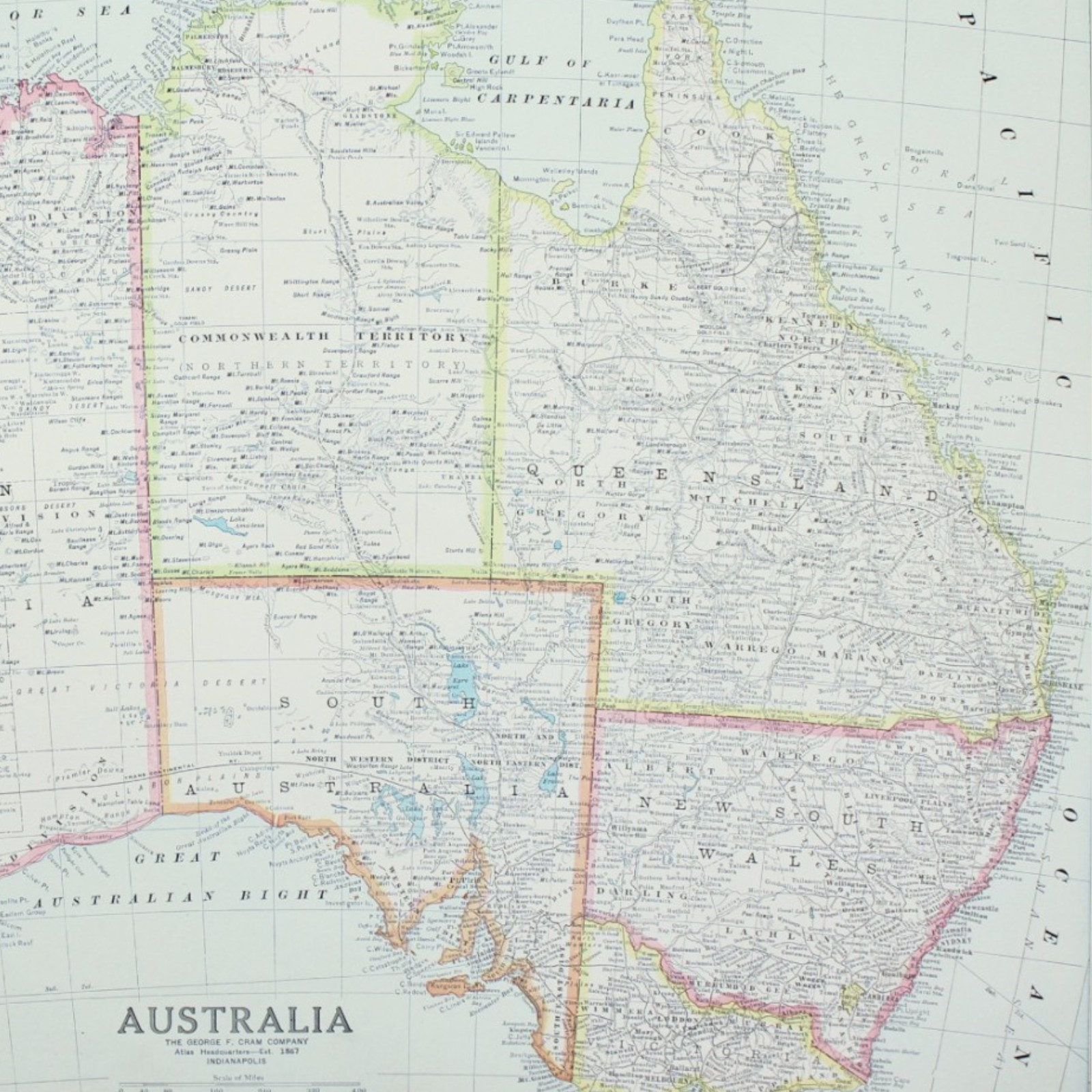 AUSTRALIA MAP Pacific Ocean Vintage Large Antique FULL COLOR 1928 21″x14″