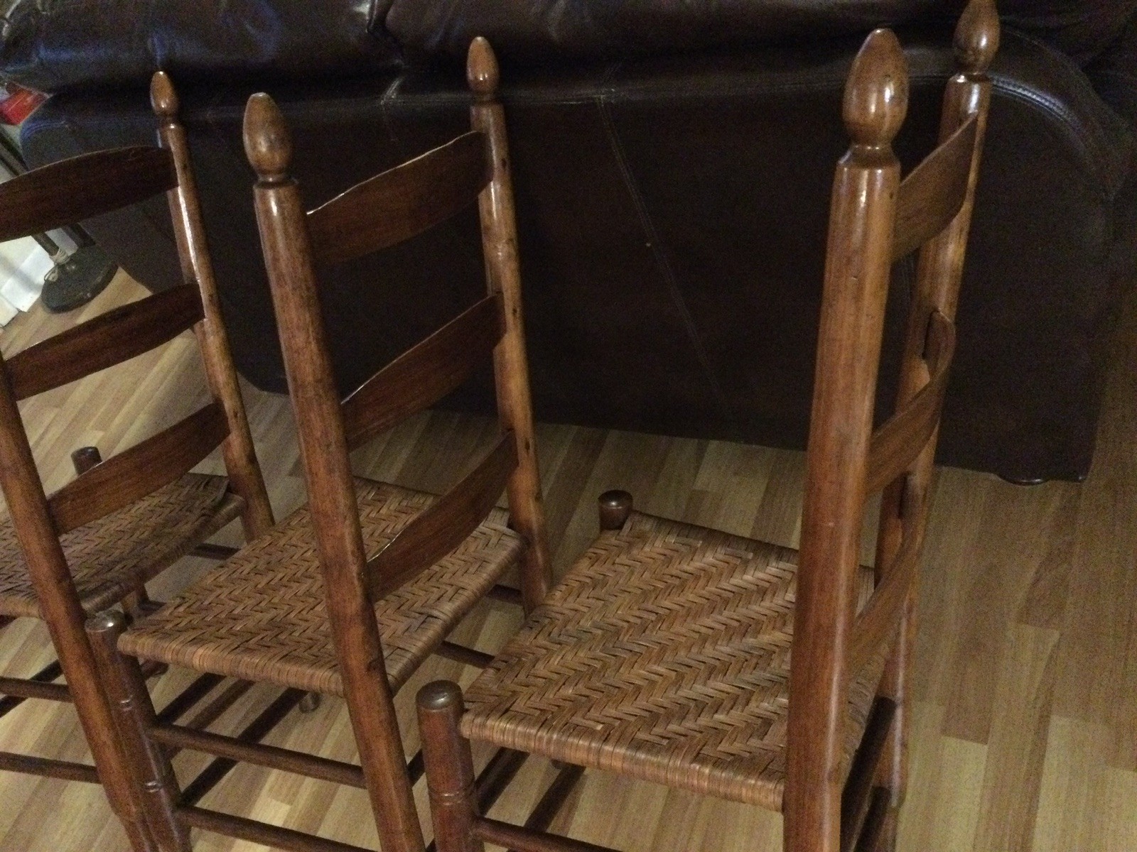 Vintage Lot Of 3 Ladder Back Chairs, Wood, Woven Rush Seats, Unbranded.