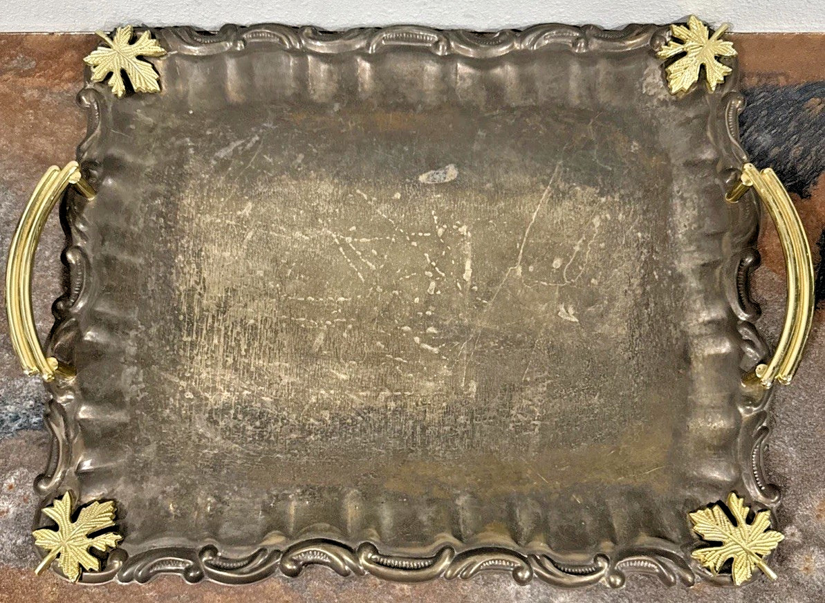 Vtg Silver Plated Serving Tray w/ Gold Tone Handles & Leaf Accents 16×10 Decor