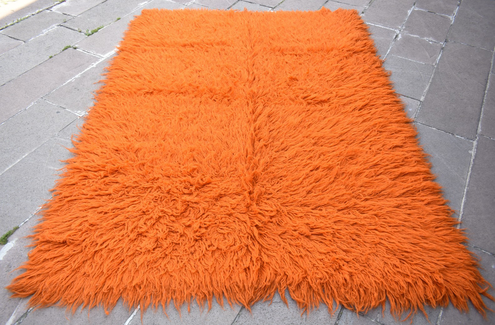 Vintage Turkish Shaggy Rug 62” x 87” Anatolian Long Pile Tulu Orange Wool Rug
