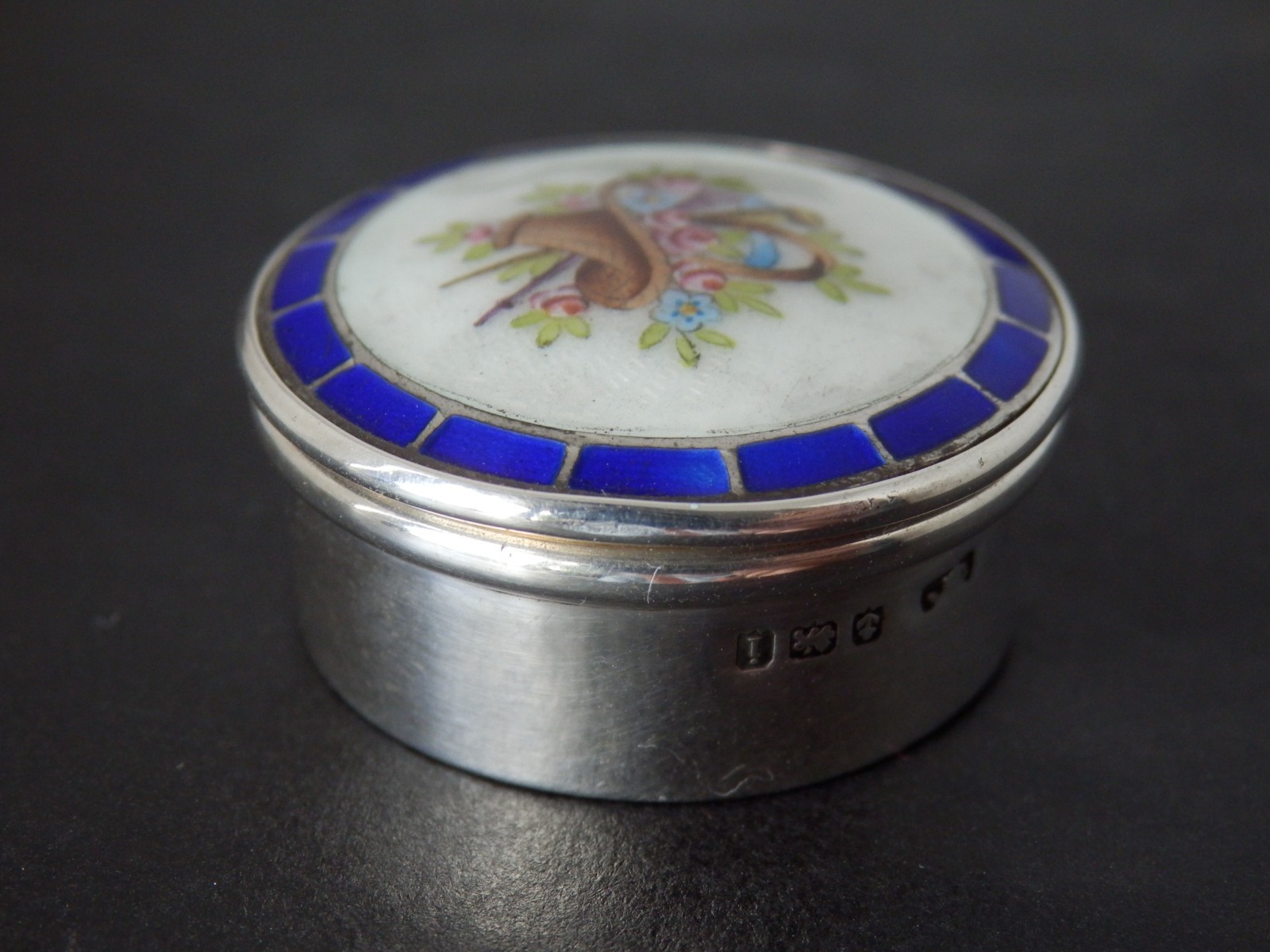 Antique Art Nouveau Solid Silver Guilloche Enamel Pill Box 1908 Levi & Salaman