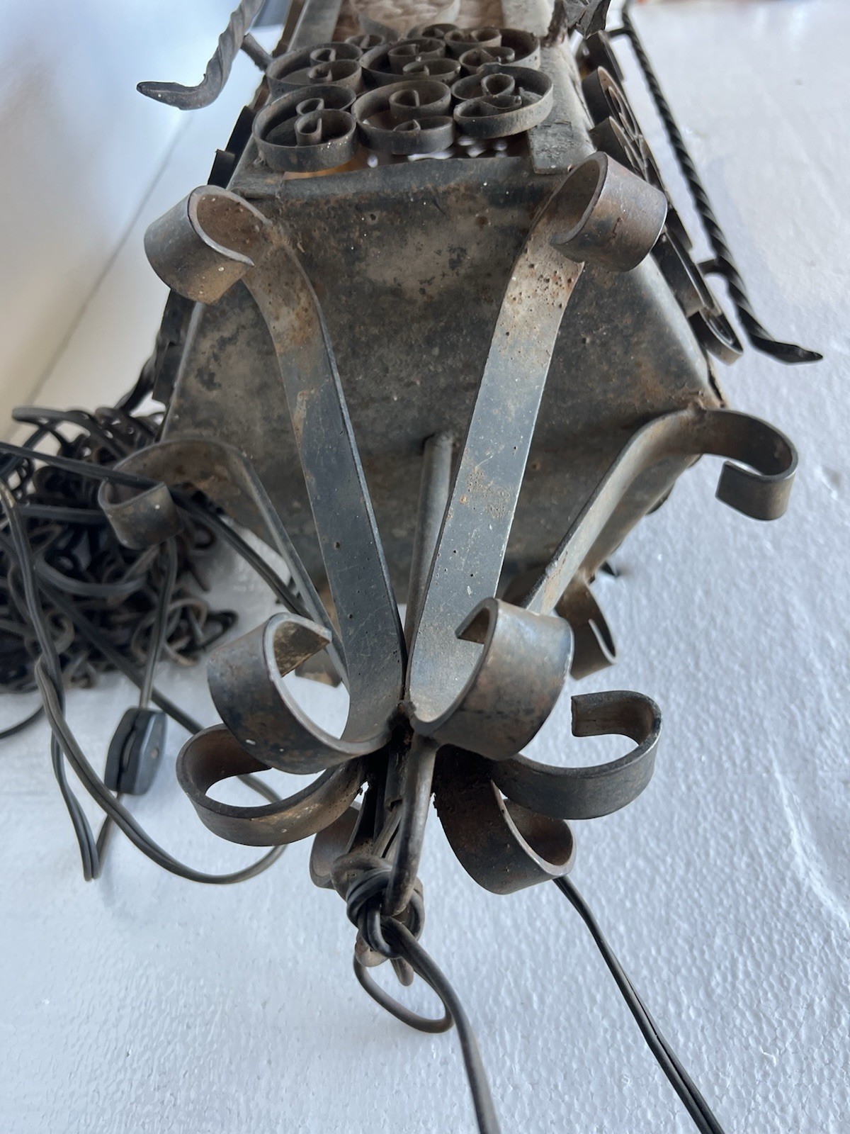 Mid century Spanish Revival / Gothic hanging lantern with amber glass For Repair