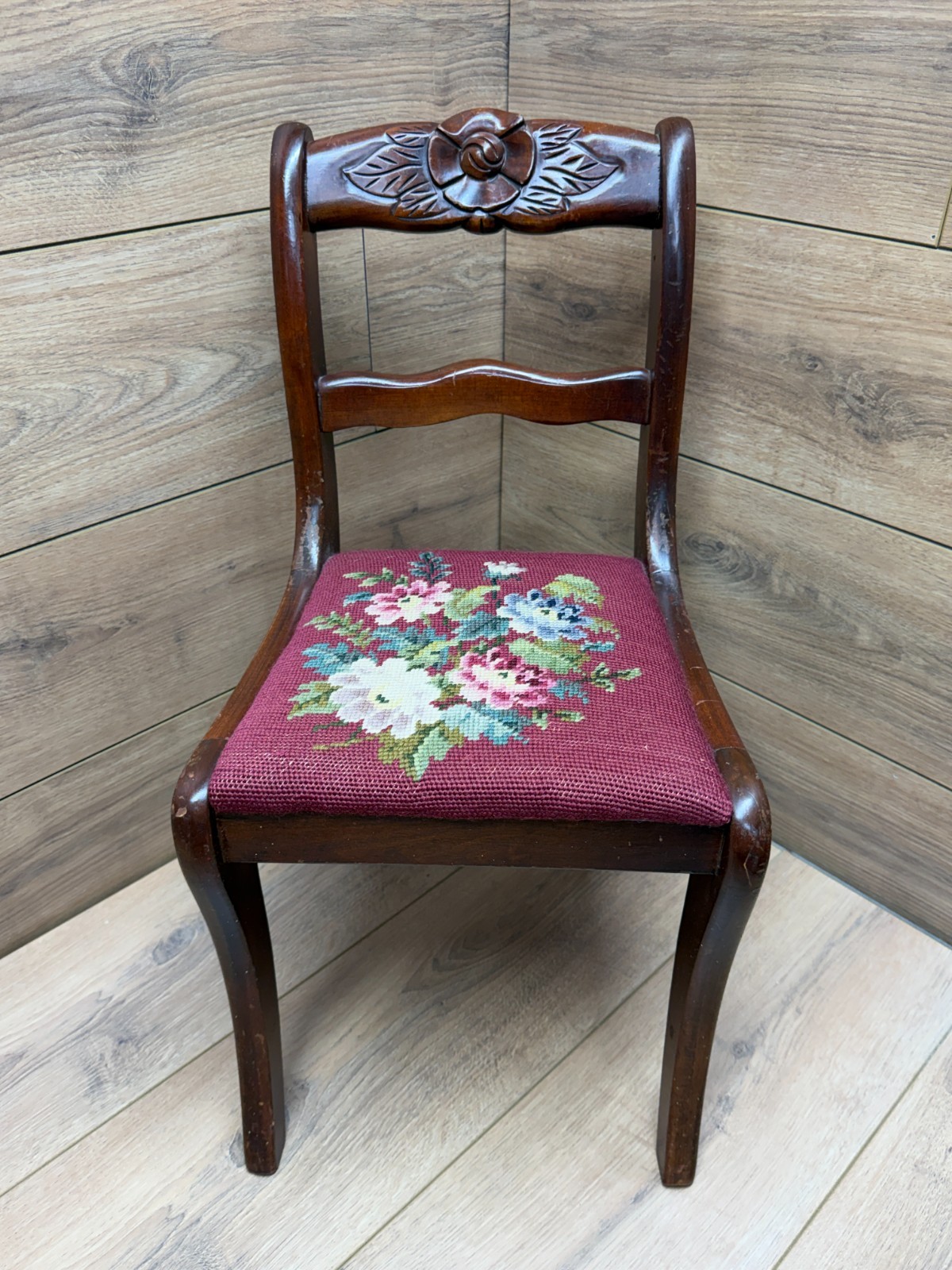 Vintage Victorian Child’s Chair w/ Floral Needlepoint Seat 22″ Tall