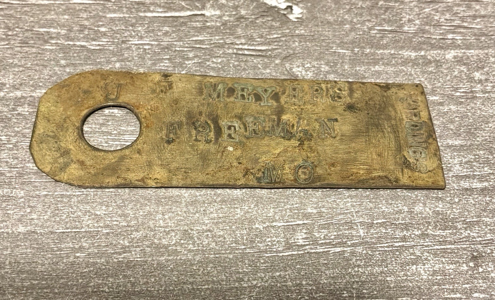 Great Antique Brass Harding’s Freeman Missouri J.F. Meyers Property Tag