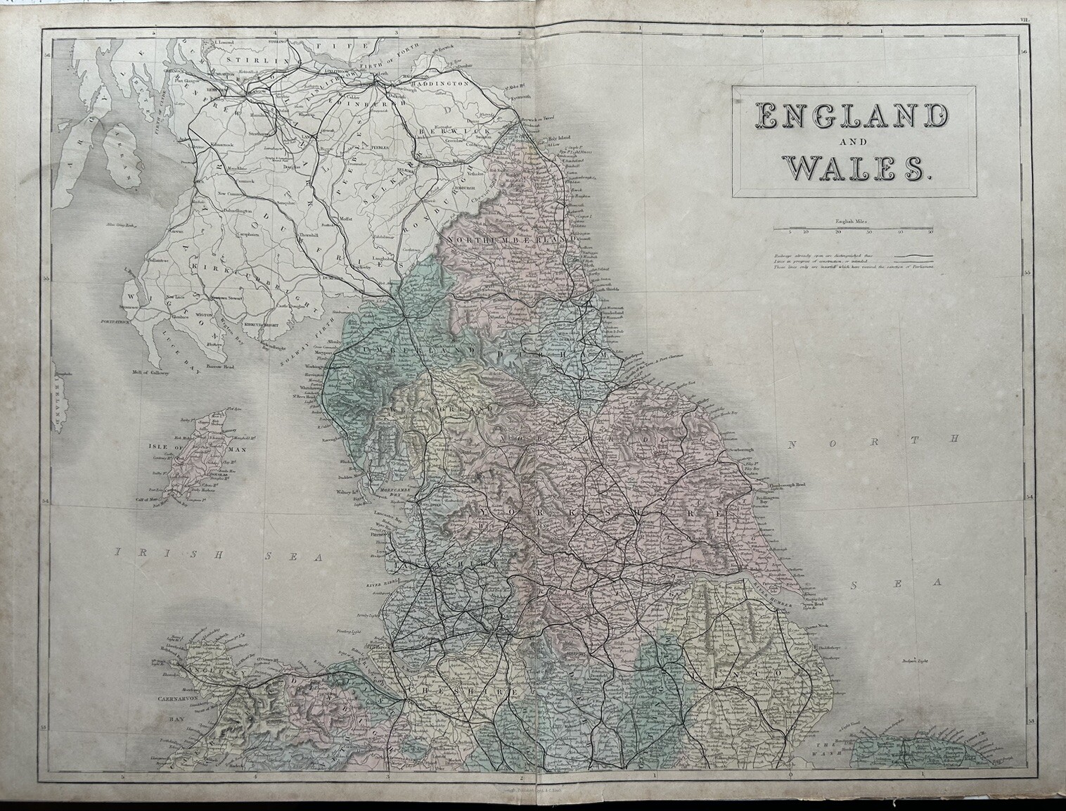 1851 North England & Wales Large Hand Coloured Antique Map by Selina Hall