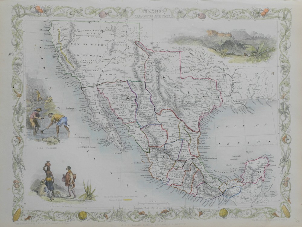 MEXICO, CALIFORNIA, AND TEXAS ORIGINAL STEEL ENGRAVING BY TALLIS 1851