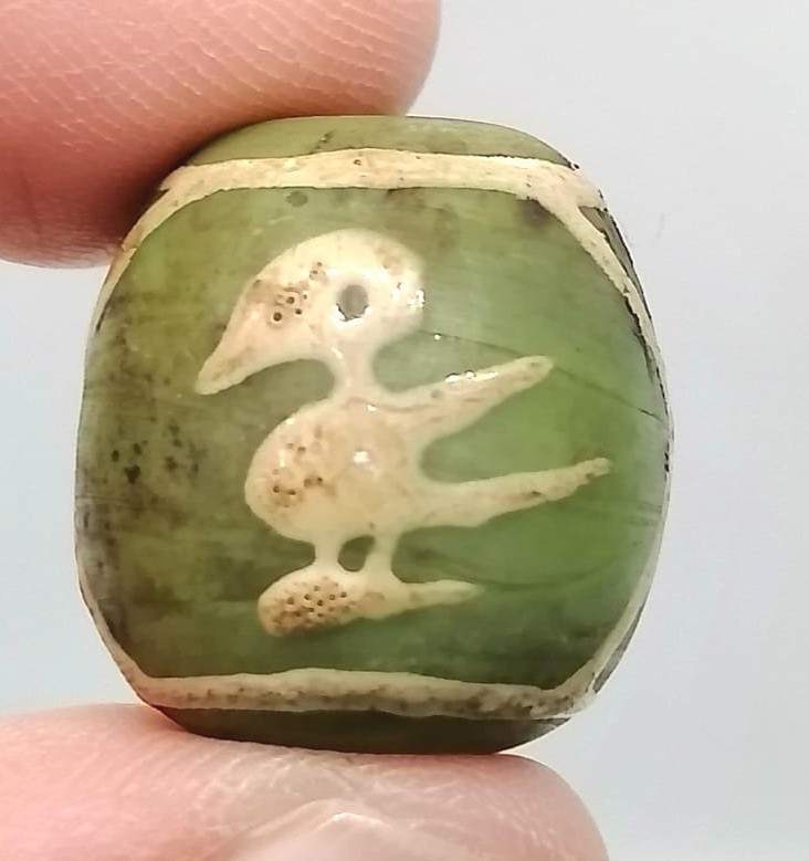 Antique Green Glass Bead White Trail Bird Star Motif Ancient Collectible Roman