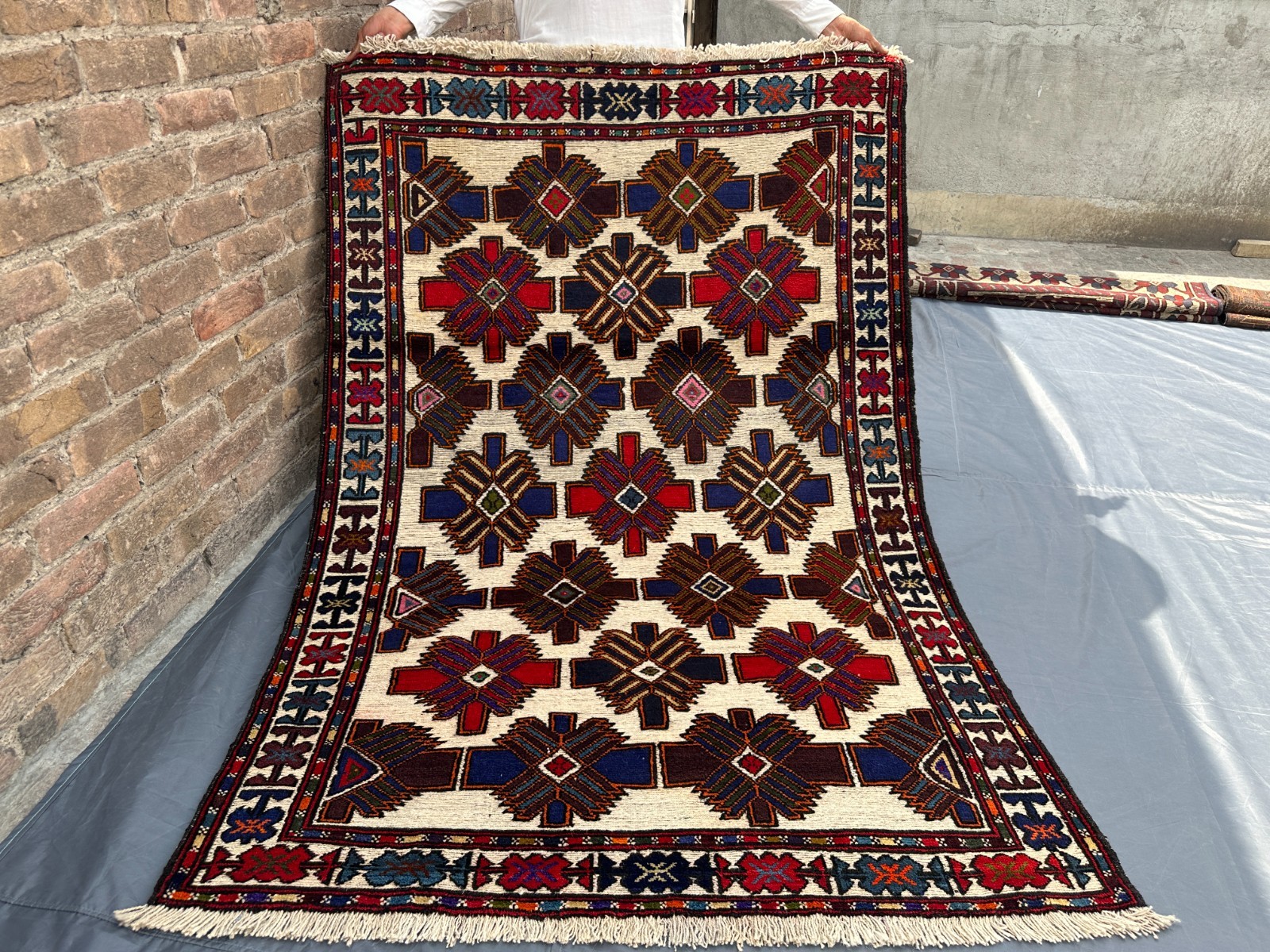 4.3×6 ft Afghan Baluchi Rug Hand Knotted Tribal Wool Carpet Geometric Area Rug