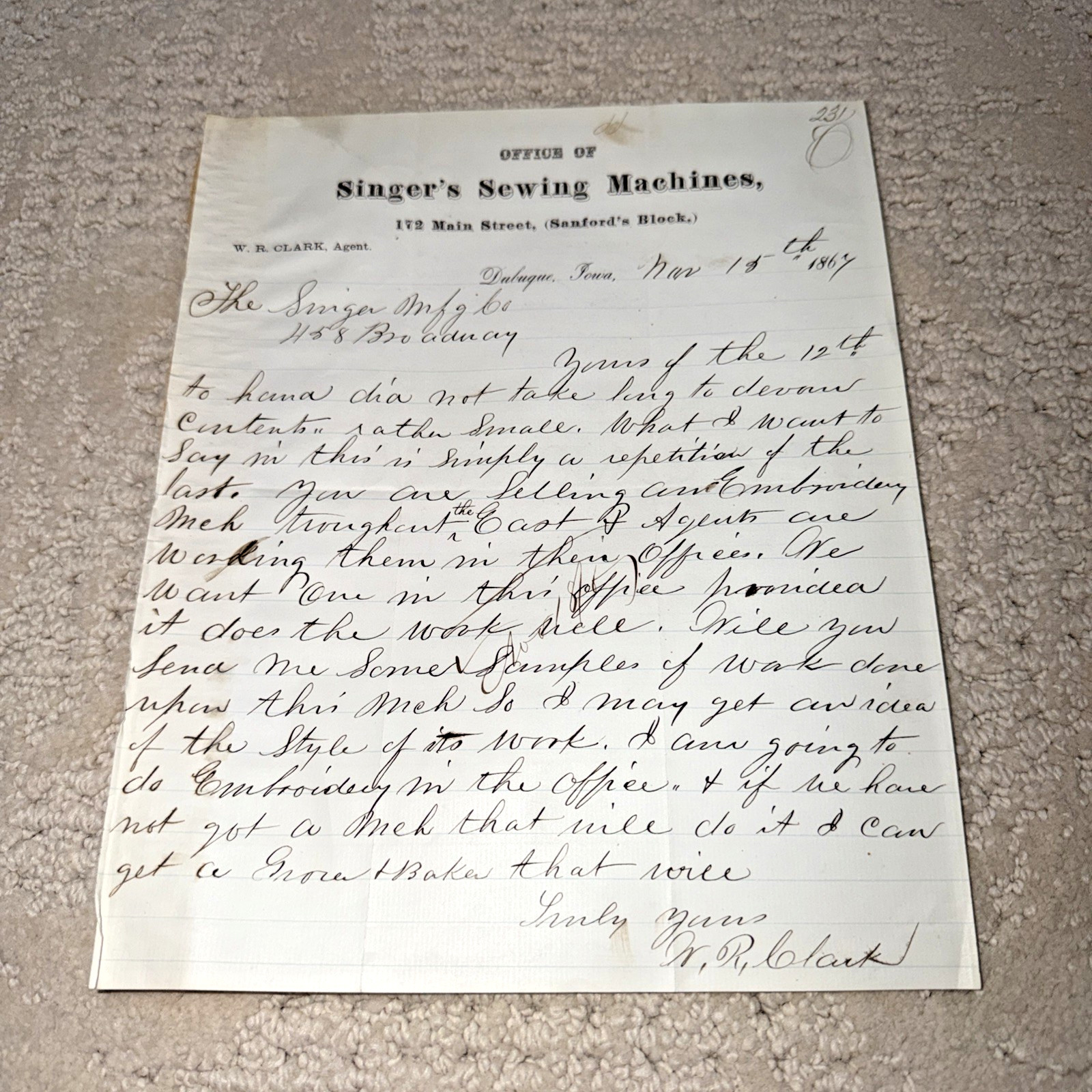 1867 SINGER SEWING MACHINES – Letter, 172 Main Street DUBUQUE IOWA
