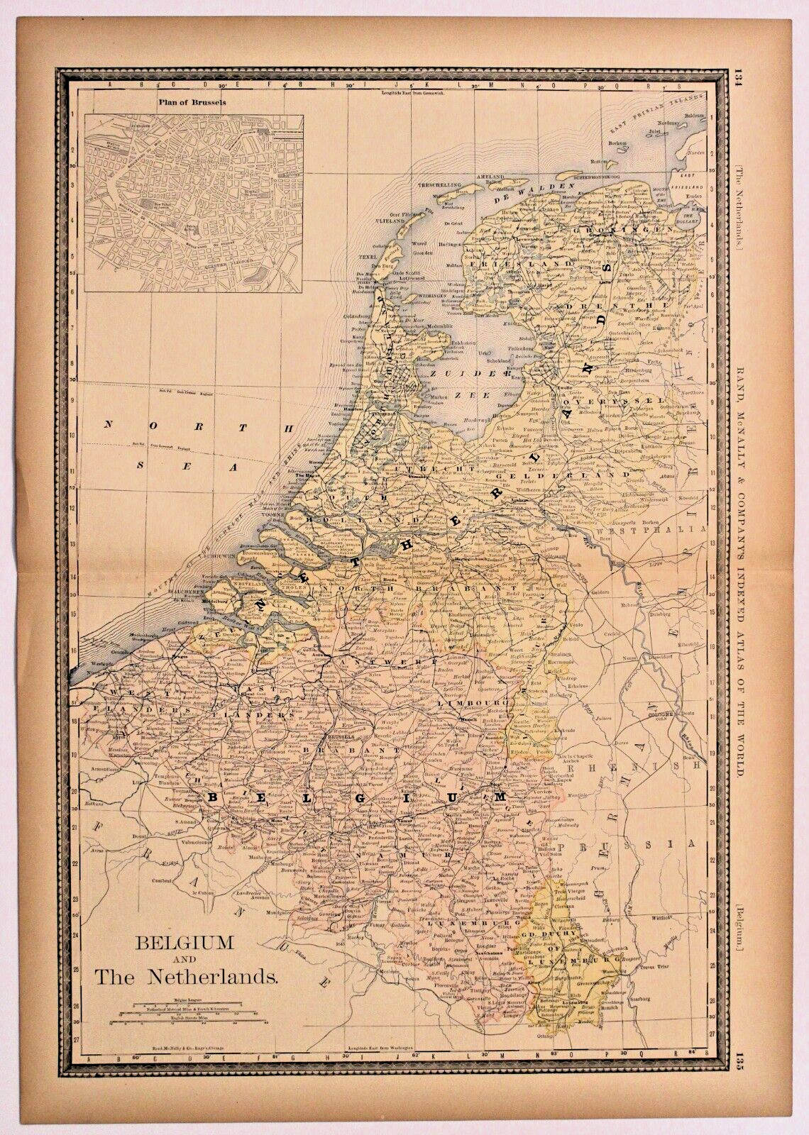 “BELGIUM & THE NETHERLANDS” Antique authentic map 1883