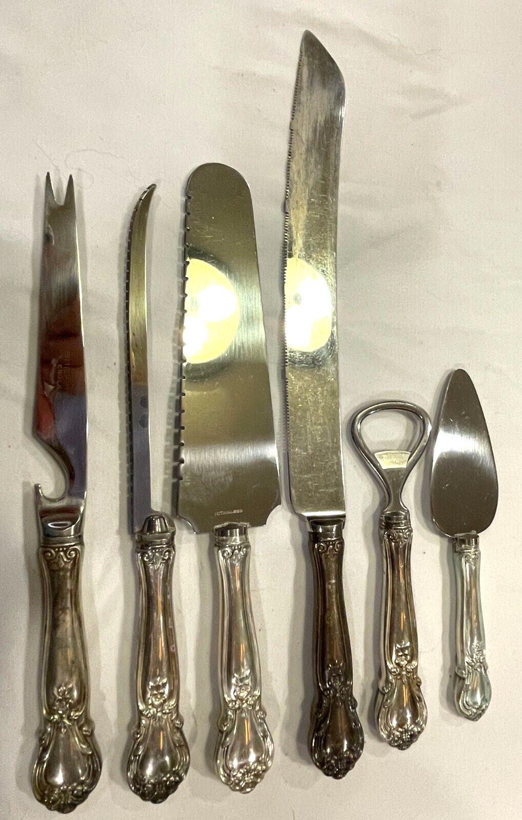 6 WEB STERLING SILVER ANCESTRY SERVING PIECES BAR KNIFE BOTTLE OPEN -FREE SHIP