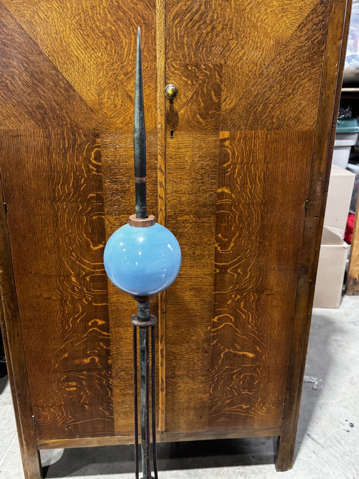 Antique Wrought Iron & Copper Lightening Rod With Blue Glass Ball 52″ Tall